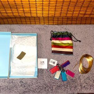 New Coach Multi hang tag keychain KEY FOB Charm Pink Teal Leather RARE